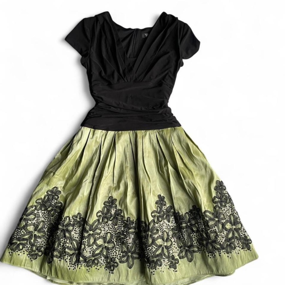 Sage Green Black Embroidered Full Skirt Floral Fairy Grunge Romantic Mid